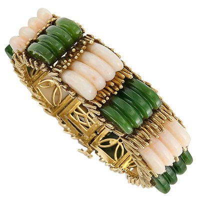 Lot 295 - Gold, Carved Angel Skin Coral and Nephrite Bangle Bracelet