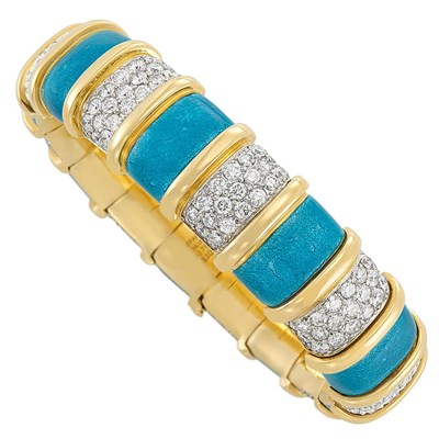 Lot 381 - Gold, Platinum, Turquoise Paillonne Enamel and Diamond Bangle Bracelet, Tiffany & Co.