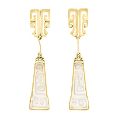 Lot 1 - Pair of Gold and Carved Frosted Rock Crystal Pendant-Earclips, Ilias Lalaounis