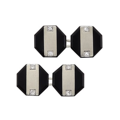 Lot 88 - Pair of Art Deco Black Onyx, Platinum, White Gold and Diamond Cufflinks, Ghiso, France