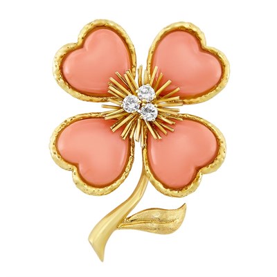 Lot 235 - Gold, Coral and Diamond Flower 'Cosmos' Clip-Brooch, Van Cleef & Arpels, France