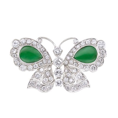 Lot 323 - White Gold, Jade and Diamond Butterfly Brooch