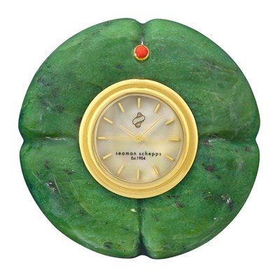 Lot 209 - Nephrite, Mother-of-Pearl, Gilt-Metal and Coral Desk Clock, Seaman Schepps