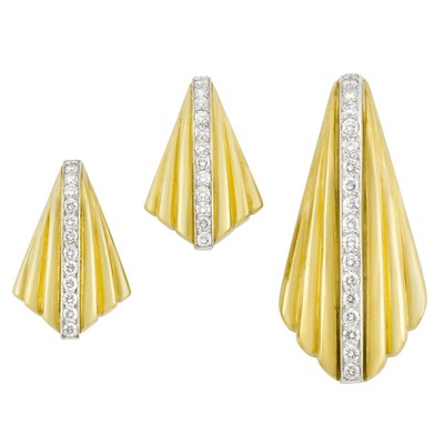 Lot 214 - Pair of Gold, Platinum and Diamond Earclips and Brooch