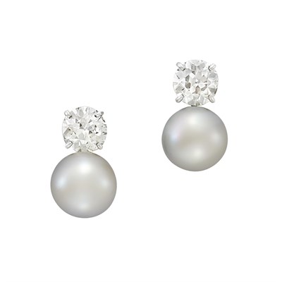 Lot 335 - Pair of Platinum, Diamond and Cultured Button Pearl Earclips