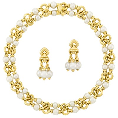 Lot 377 - Double Strand Gold and Cultured Pearl Necklace and Pair of Pendant-Earrings, Bulgari