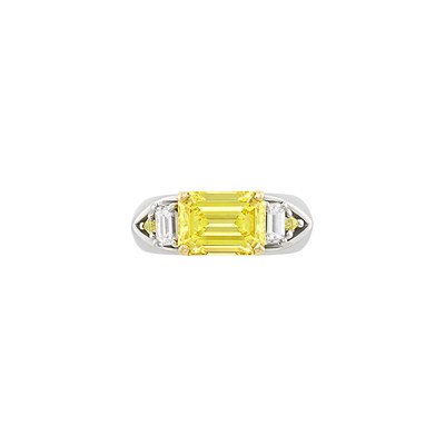 Lot 305 - Platinum, Fancy Vivid Yellow Diamond and Diamond Ring