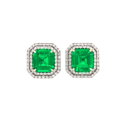 Lot 299 - Pair of White Gold, Emerald and Diamond Earrings
