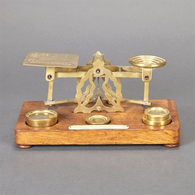 Lot 597 - English Brass and Oak Postal Scale Length 8...