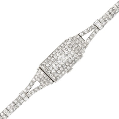 Lot 351 - Platinum and Diamond Bracelet-Watch