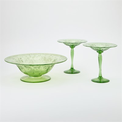Lot 550 - Pair of Green Glass Compotes and Centerpiece...