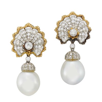 Lot 428 - Pair of Platinum, Gold, Diamond and South Sea Cultured Pearl Pendant-Earclips, Mario Buccellati