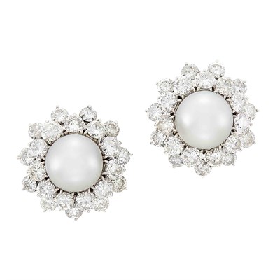 Lot 482 - Pair of White Gold, South Sea Cultured Pearl and Diamond Earclips