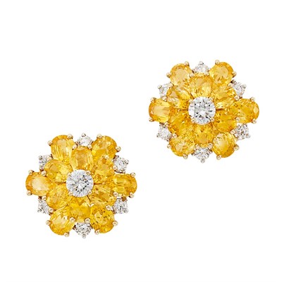 Lot 252 - Pair of Gold, Platinum, Yellow Sapphire and Diamond Earclips, Oscar Heyman Brothers