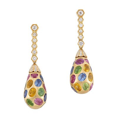 Lot 167 - Pair of Gold, Diamond and Multicolored Sapphire Pendant-Earrings