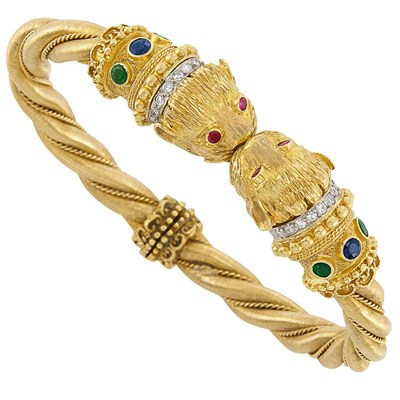 Lot 22 - Gold, Gem-Set and Diamond Animal Head Bangle Bracelet, Zolotas