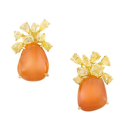 Lot 251 - Pair of Gold, Cabochon Mandarin Garnet and Fancy Colored Yellow Diamond Earrings