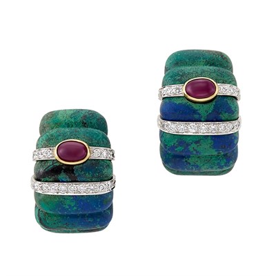 Lot 228 - Pair of Azurmalachite, Gold, Platinum, Cabochon Ruby and Diamond Earclips, David Webb