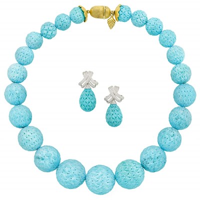 Lot 185 - Carved Turquoise Bead Necklace, Rebecca Koven, and Pair of White Gold, Diamond and Carved Turquoise Pendant-Earrings