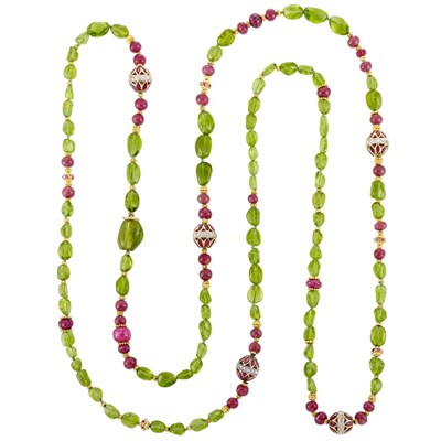 Lot 425 - Tumbled Peridot Bead, Ruby Bead, Ruby, Pink Sapphire, Diamond and Gold Necklace, Verdura
