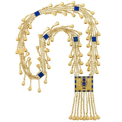 Lot 24 - Long Triple Strand Gold and Lapis Fringe Chain Pendant-Necklace, Franklin Mint
