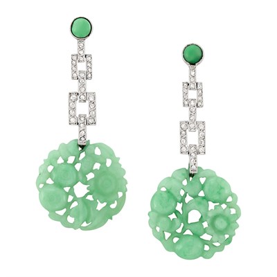 Lot 330 - Pair of Platinum, Diamond and Carved Jade Pendant-Earrings