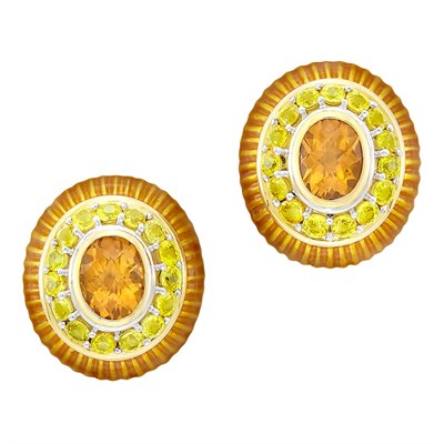 Lot 244 - Pair of Two-Color Gold, Citrine, Yellow Sapphire and Enamel Earrings