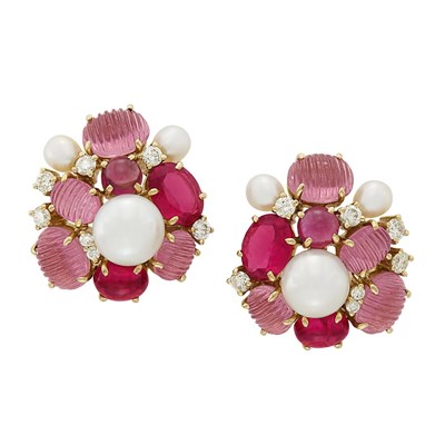 Lot 373 - Pair of Gold, Carved Pink Tourmaline, Rubellite, Freshwater Pearl and Diamond Earclips