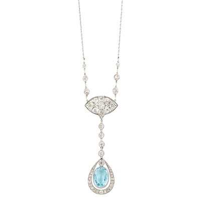 Lot 339 - Platinum, White Gold, Diamond and Aquamarine Pendant-Necklace, Shreve & Co.