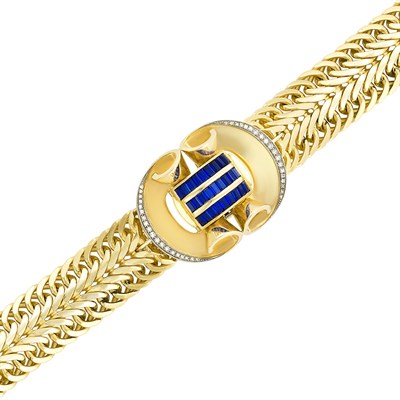 Lot 226 - Gold, Synthetic Sapphire and Diamond Bracelet-Watch, Rolex