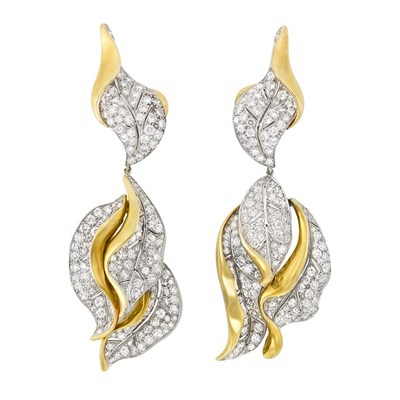 Lot 467 - Pair of Platinum, Gold and Diamond Pendant-Earclips, Possibly by Paul Flato