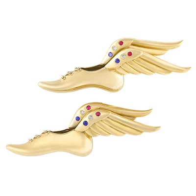 Lot 280 - Pair of Gold, Diamond, Emerald and Ruby Hermes Pins, Attributed to Paul Flato