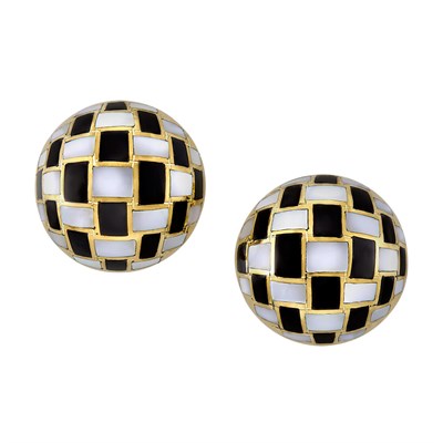 Lot 236 - Pair of Gold, Mother-of-Pearl and Black Onyx Earclips, Tiffany & Co.