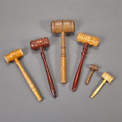Lot 599 - Group of Six Wood Gavels Length of largest 11...