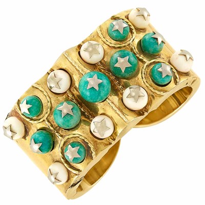 Lot 205 - Gold, Amazonite and White Coral Bead Cuff Bangle Bracelet