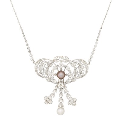 Lot 104 - Belle Epoque Platinum, Natural Pearl and Diamond Pendant-Necklace
