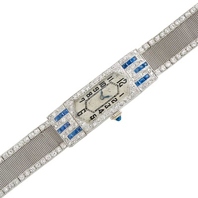 Lot 439 - Platinum, Sapphire and Diamond Mesh Wristwatch