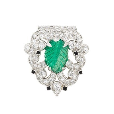 Lot 338 - Platinum, White Gold, Carved Emerald, Diamond and Black Onyx Clip, Cartier