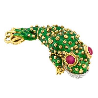 Lot 390 - Gold, Platinum, Green Enamel, Ruby and Diamond Tadpole Brooch, David Webb