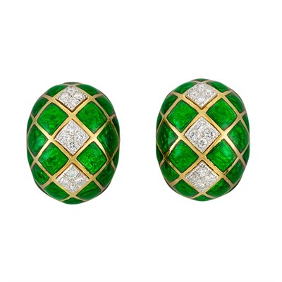 Lot 389 - Pair of Gold, Platinum, Green Enamel and Diamond Earclips, David Webb