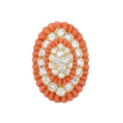 Lot 386 - Gold, Fluted Coral and Diamond Ring, Van Cleef & Arpels, France