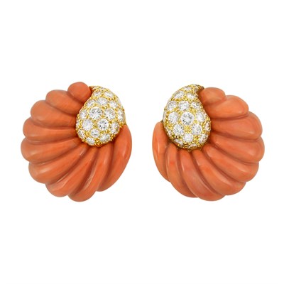 Lot 388 - Pair of Gold, Fluted Coral and Diamond Earclips, Van Cleef & Arpels, France