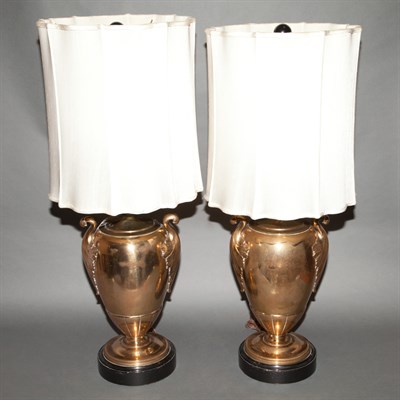 Lot 340 - Pair of Polished Bronze Urn-Form Lamps Height...