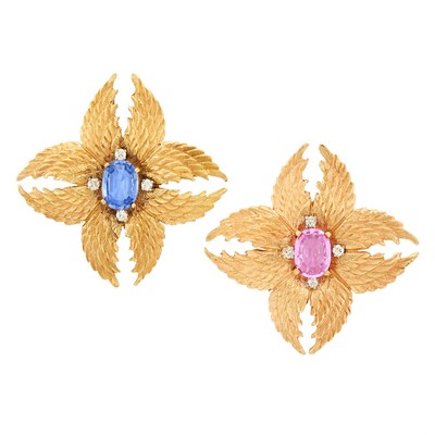 Lot 380 - Pair of Gold, Sapphire, Pink Sapphire and Diamond Pendant-Brooches, Verdura