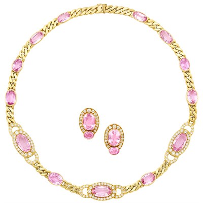 Lot 372 - Gold, Pink Topaz and Diamond Necklace and Pair of Earclips