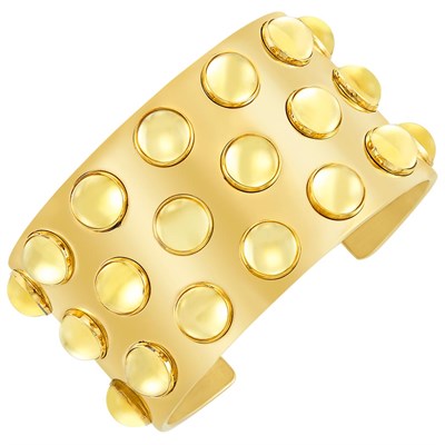 Lot 20 - Gold-Plated Steel and Cabochon Yellow Glass Cuff Bangle Bracelet, Lalique