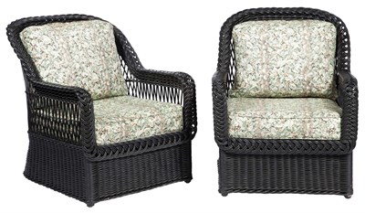 Lot 372 - Pair of Black Painted Wicker and Loose Cushion...
