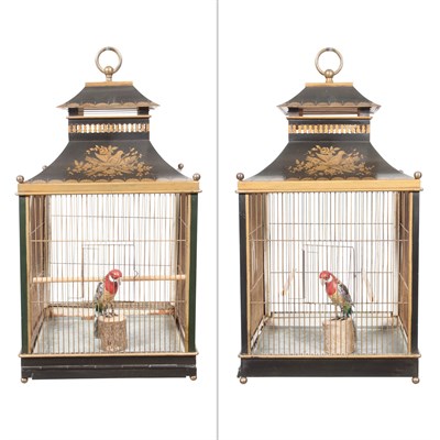 Lot 370 - Pair of Tôle Painted Bird Cages on Black...