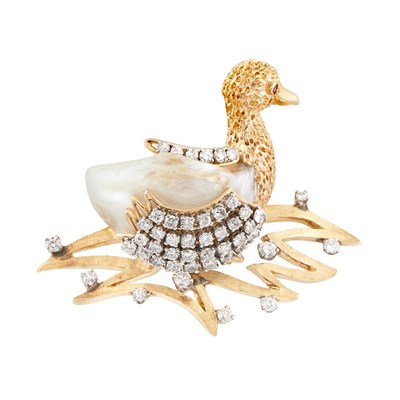 Lot 47 - Two-Color Gold, Freshwater Pearl and Diamond Duck Brooch
