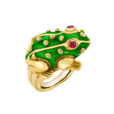 Lot 384 - Gold, Green Enamel and Cabochon Ruby Frog Ring, David Webb